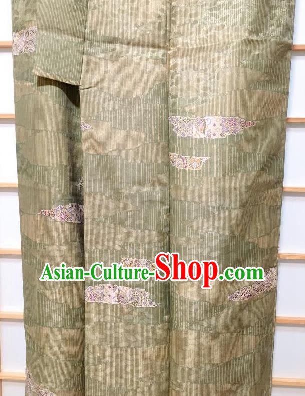 Japanese Traditional Printing Green Furisode Kimono Japan Yukata Dress Costume for Women