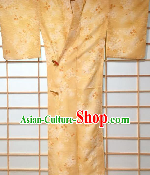 Japanese Traditional Printing Flowers Yellow Furisode Kimono Japan Yukata Dress Costume for Women