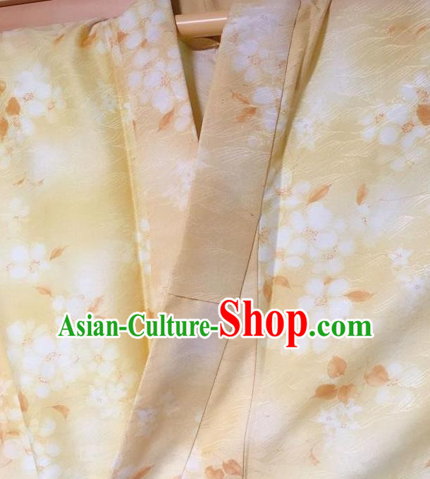 Japanese Traditional Printing Flowers Yellow Furisode Kimono Japan Yukata Dress Costume for Women