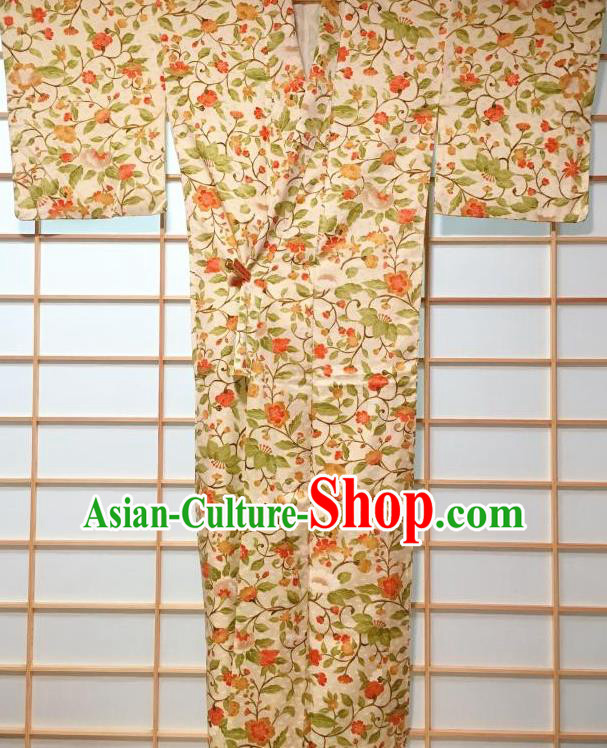 Japanese Traditional Printing Flowers Beige Furisode Kimono Japan Yukata Dress Costume for Women