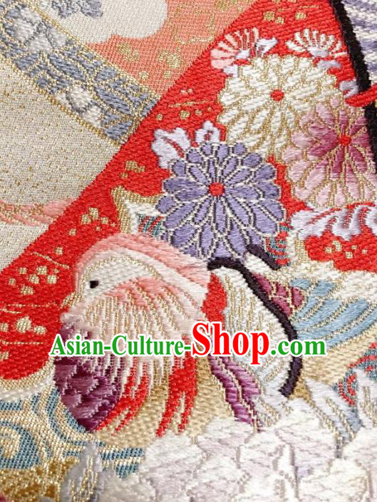 Japanese Traditional Embroidered Peony Mandarin Duck Pattern Beige Brocade Waistband Japan Kimono Yukata Belt for Women