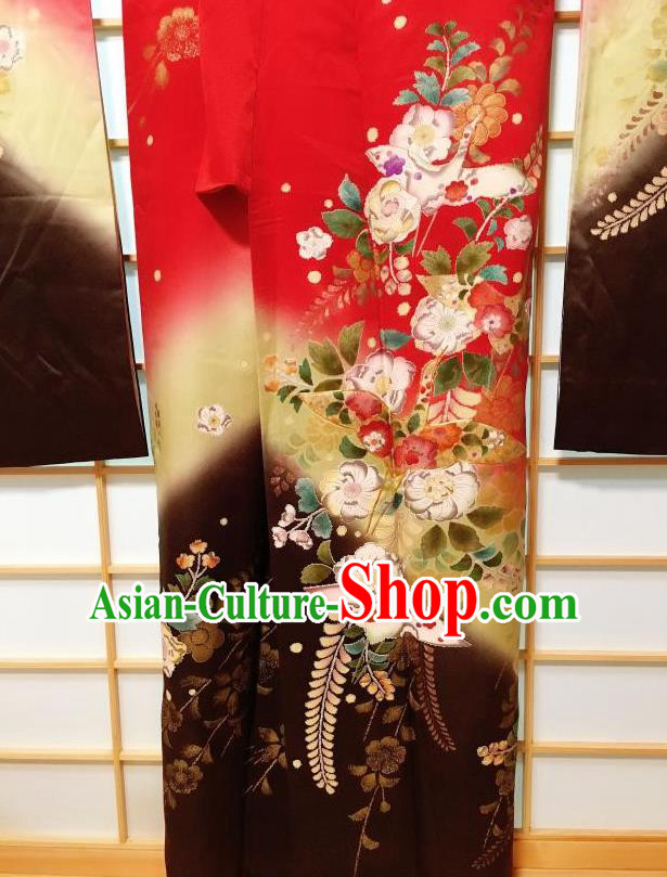Japanese Traditional Embroidered Camellia Red Furisode Kimono Japan Yukata Dress Costume for Women