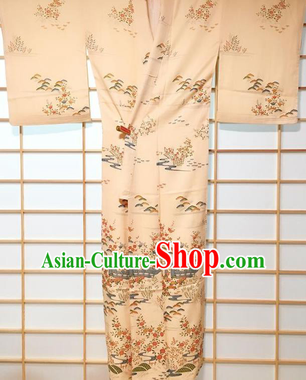 Japanese Traditional Printing Apricot Silk Furisode Kimono Japan Yukata Dress Costume for Women