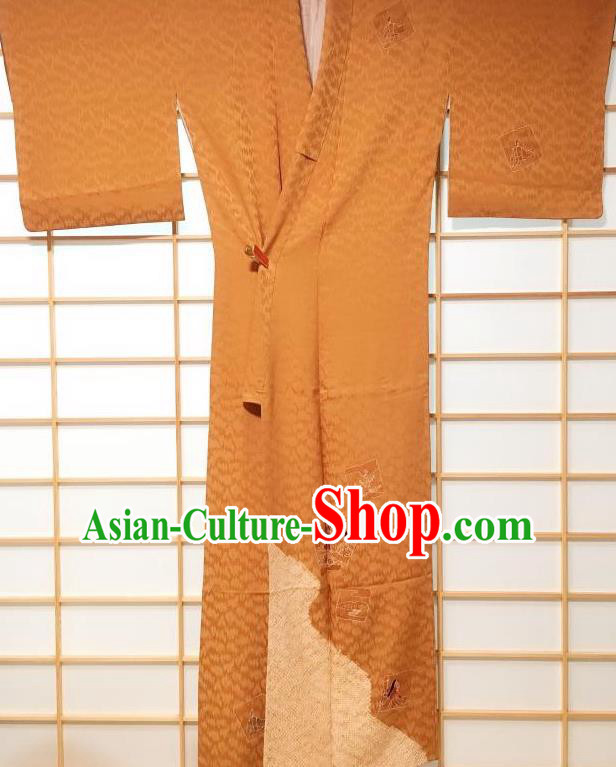 Japanese Traditional Orange Furisode Kimono Japan Yukata Dress Costume for Women