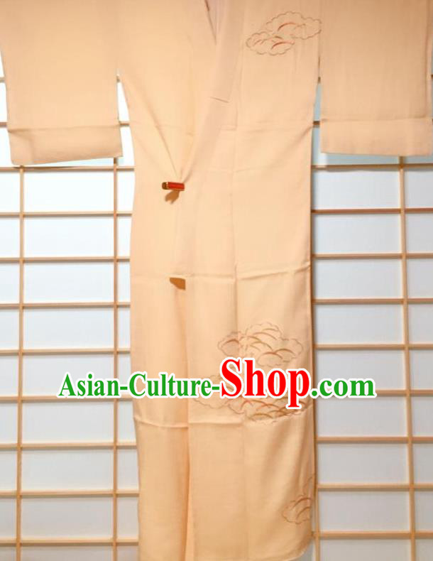 Japanese Traditional Embroidered Apricot Furisode Kimono Japan Yukata Dress Costume for Women