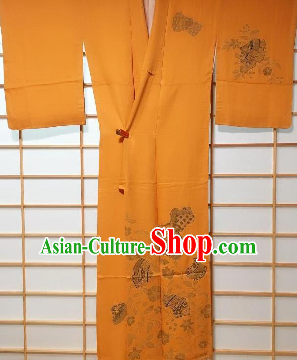 Japanese Traditional Printing Orchid Orange Furisode Kimono Japan Yukata Dress Costume for Women