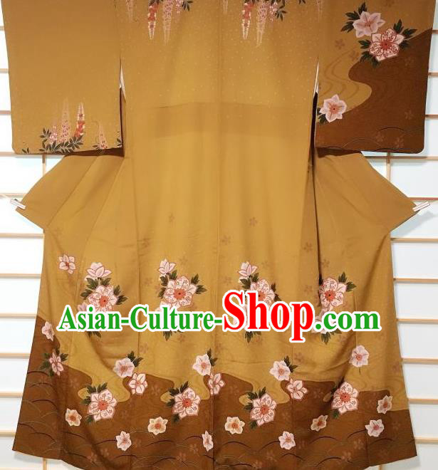 Japanese Traditional Printing Camellia Ginger Furisode Kimono Japan Yukata Dress Costume for Women