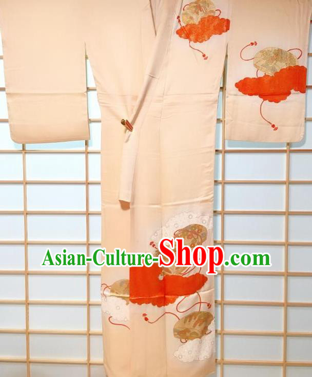 Traditional Japanese Printing Light Orange Furisode Kimono Japan Yukata Dress Costume for Women