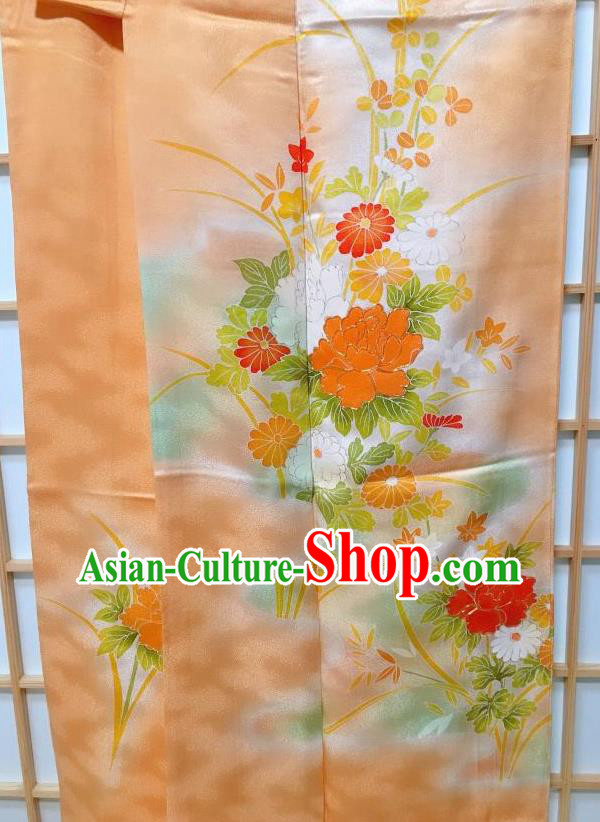 Traditional Japanese Printing Chrysanthemum Peony Orange Furisode Kimono Japan Yukata Dress Costume for Women
