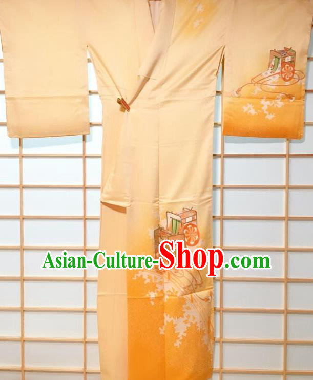 Traditional Japanese Printing Maple Leaf Yellow Furisode Kimono Japan Yukata Dress Costume for Women