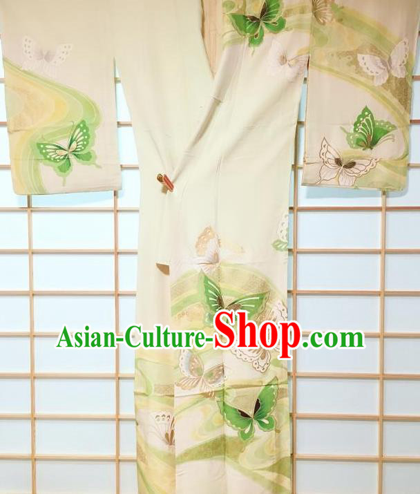 Traditional Japanese Printing Butterfly Light Green Furisode Kimono Japan Yukata Dress Costume for Women