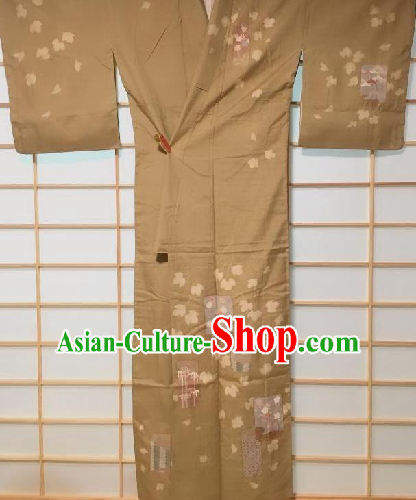 Traditional Japanese Embroidered Brown Furisode Kimono Japan Yukata Dress Costume for Women