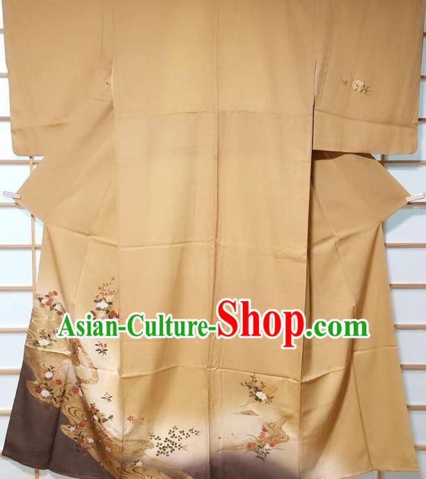 Traditional Japanese Printing Peony Ginger Furisode Kimono Japan Yukata Dress Costume for Women
