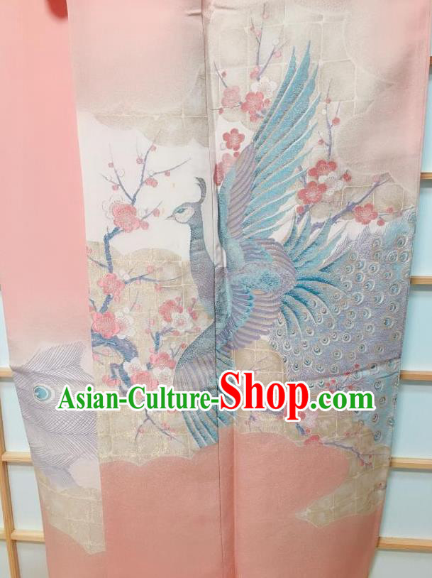 Traditional Japanese Printing Peacock Plum Pink Furisode Kimono Japan Yukata Dress Costume for Women
