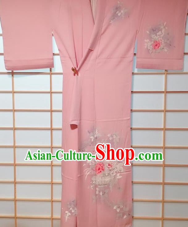 Traditional Japanese Printing Peony Vase Pink Furisode Kimono Japan Yukata Dress Costume for Women