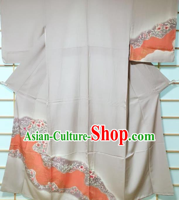 Traditional Japanese Printing Flowers Grey Furisode Kimono Japan Yukata Dress Costume for Women