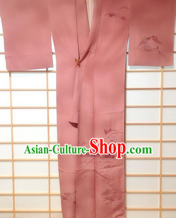 Traditional Japanese Printing Deep Pink Furisode Kimono Japan Yukata Dress Costume for Women