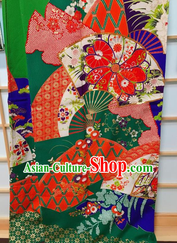 Traditional Japanese Embroidered Plum Iromuji Green Furisode Kimono Japan Yukata Dress Costume for Women