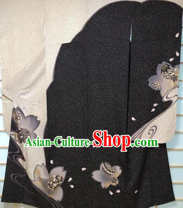 Traditional Japanese Printing Sakura Black Furisode Kimono Japan Yukata Dress Costume for Women