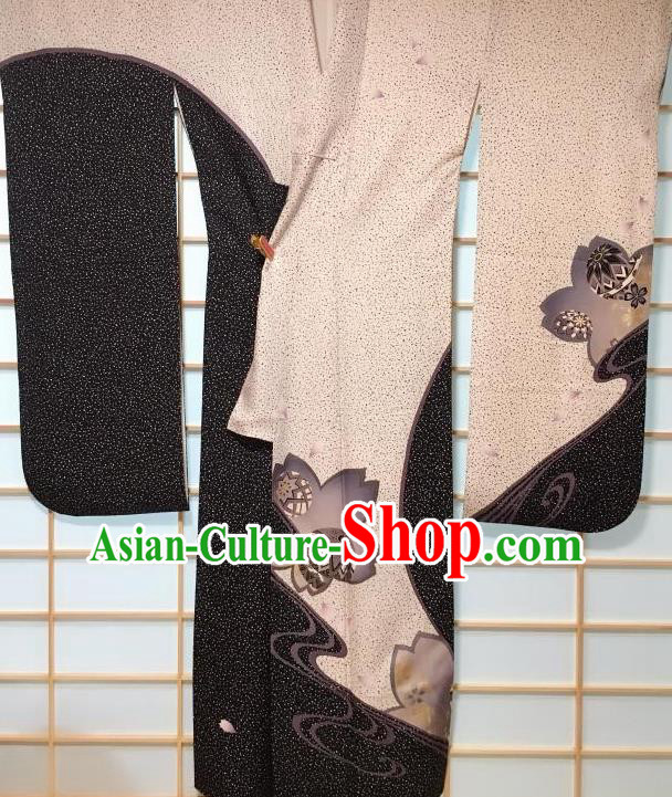 Traditional Japanese Printing Sakura Black Furisode Kimono Japan Yukata Dress Costume for Women