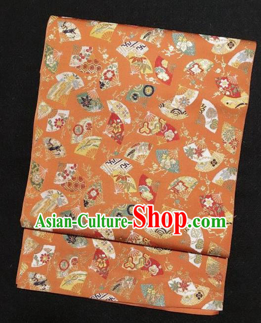 Japanese Traditional Embroidered Fan Orange Brocade Waistband Japan Kimono Yukata Belt for Women