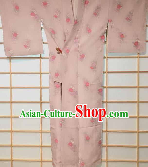 Traditional Japanese Printing Flowers Grey Kimono Japan Yukata Dress Costume for Women