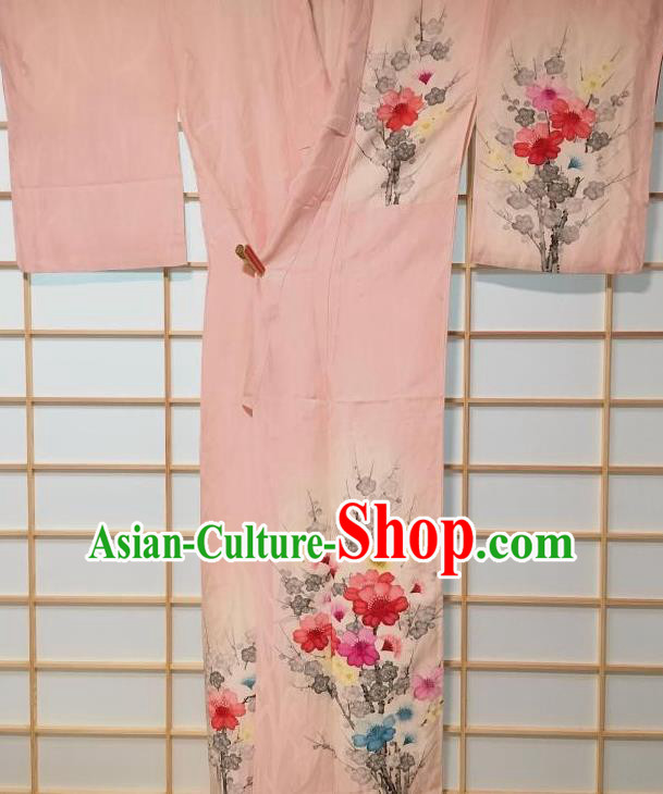 Traditional Japanese Classical Camellia Pattern Pink Kimono Japan Yukata Dress Costume for Women