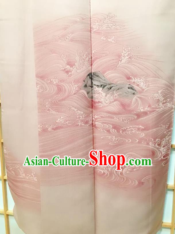 Traditional Japanese Classical Waves Pattern Pink Kimono Japan Yukata Dress Costume for Women