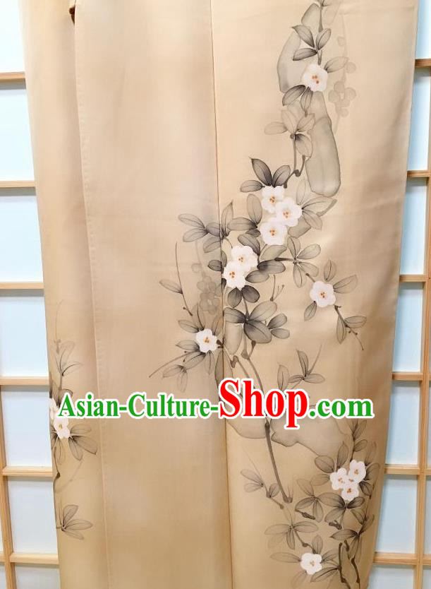 Traditional Japanese Classical Flowers Pattern Ginger Kimono Japan Yukata Dress Costume for Women