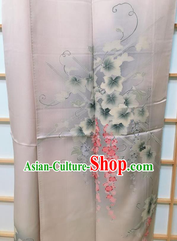 Traditional Japanese Classical Grape Vine Pattern Grey Kimono Japan Yukata Dress Costume for Women