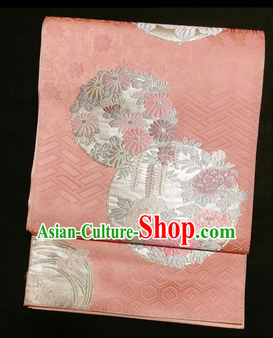 Japanese Traditional Embroidered Peony Chrysanthemum Pink Brocade Waistband Japan Kimono Yukata Belt for Women