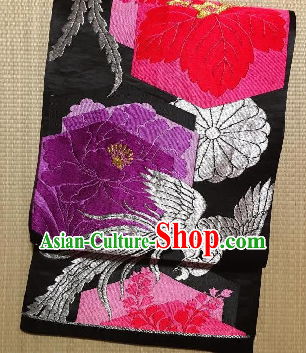 Japanese Traditional Embroidered Phoenix Peony Black Brocade Waistband Japan Kimono Yukata Belt for Women