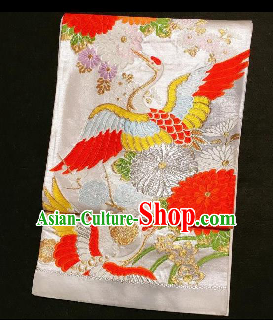 Japanese Traditional Embroidered Crane Chrysanthemum White Brocade Waistband Japan Kimono Yukata Belt for Women