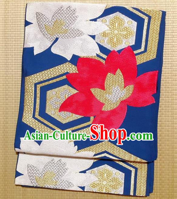 Japanese Traditional Embroidered Flowers Blue Brocade Waistband Japan Kimono Yukata Belt for Women