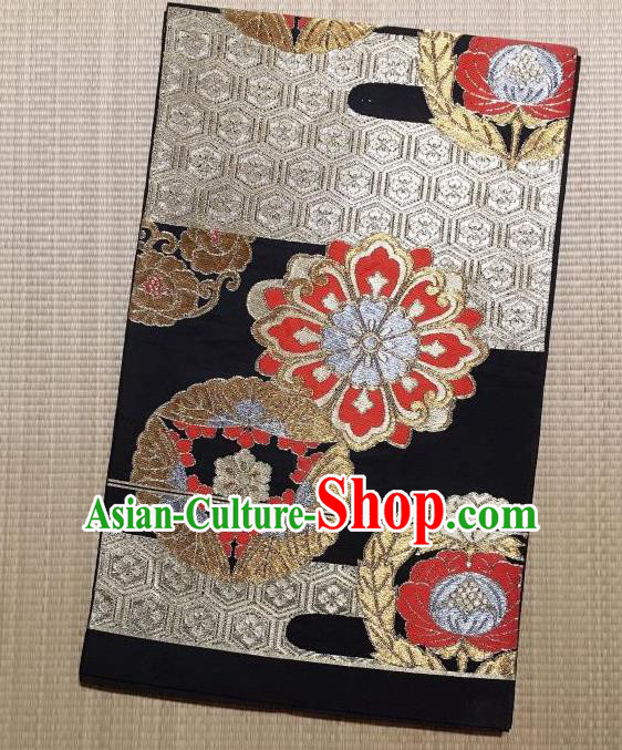 Japanese Traditional Embroidered Tortoiseshell Black Brocade Waistband Japan Kimono Yukata Belt for Women