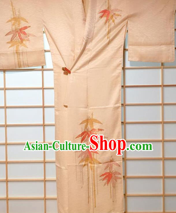 Traditional Japanese Classical Bamboo Pattern Beige Furisode Kimono Japan Yukata Dress Costume for Women