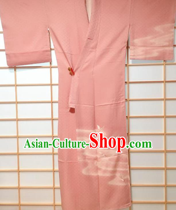 Traditional Japanese Classical Embroidered Crane Pattern Pink Furisode Kimono Japan Yukata Dress Costume for Women
