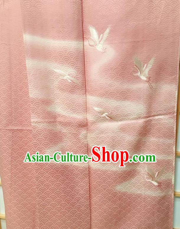 Traditional Japanese Classical Embroidered Crane Pattern Pink Furisode Kimono Japan Yukata Dress Costume for Women