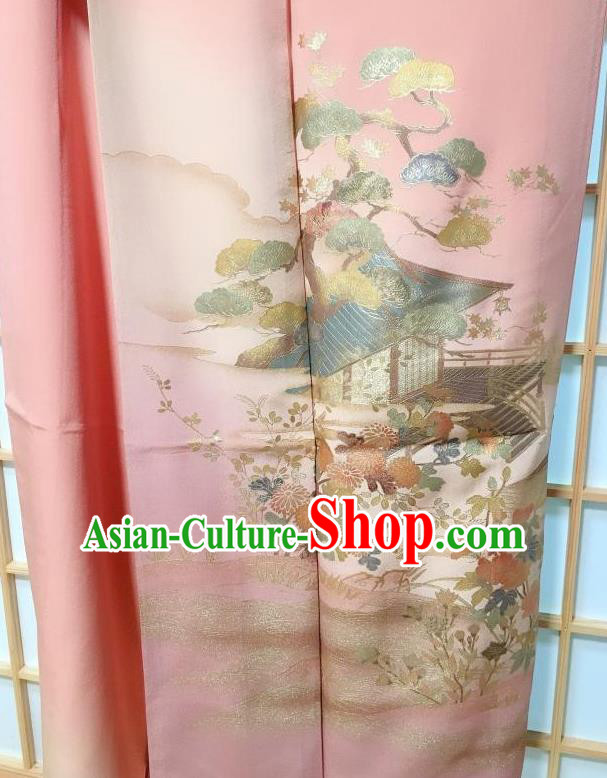 Traditional Japanese Classical Embroidered Chrysanthemum Pine Pink Furisode Kimono Japan Yukata Dress Costume for Women
