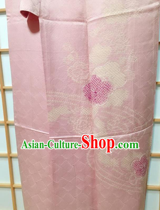 Traditional Japanese Classical Embroidered Plum Blossom Pink Furisode Kimono Japan Yukata Dress Costume for Women