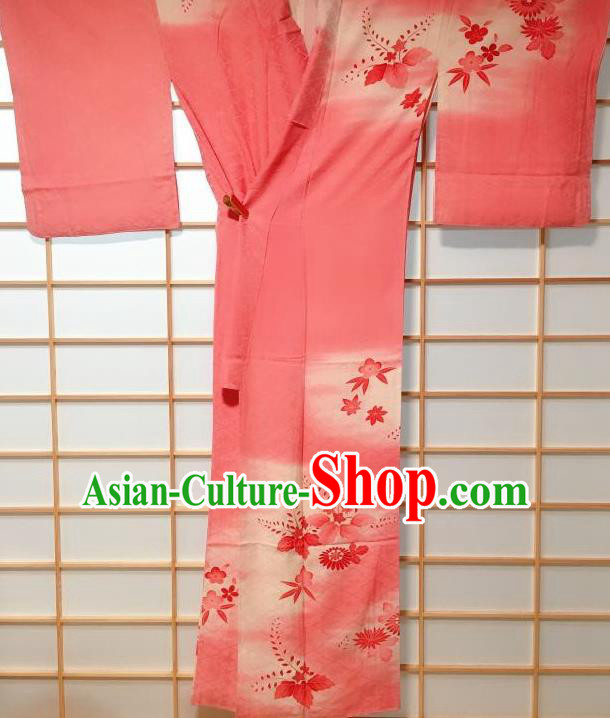 Traditional Japanese Printing Maple Leaf Pink Furisode Kimono Japan Yukata Dress Costume for Women