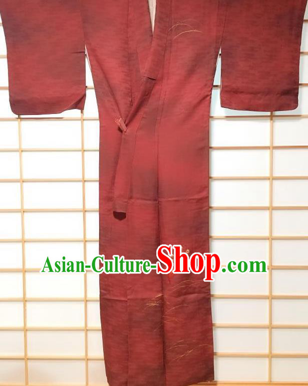 Traditional Japanese Embroidered Purplish Red Furisode Kimono Japan Yukata Dress Costume for Women