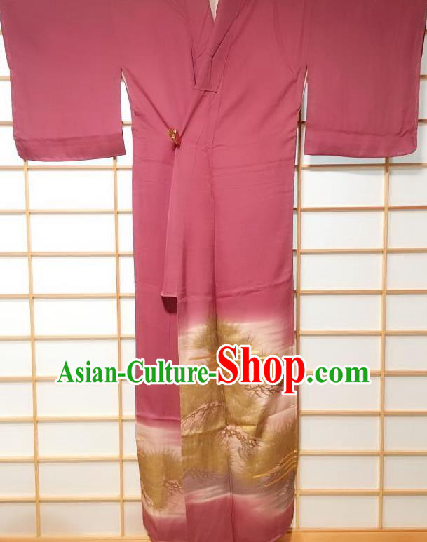 Traditional Japanese Pine Pattern Deep Pink Furisode Kimono Japan Yukata Dress Costume for Women