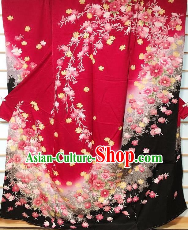Traditional Japanese Classical Peony Pattern Red Furisode Kimono Japan Yukata Dress Costume for Women