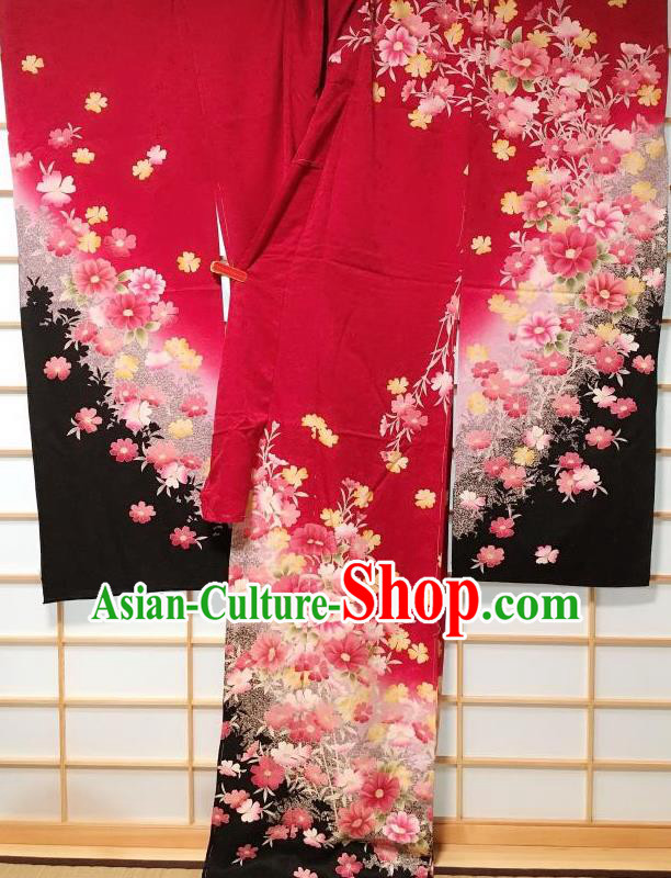 Traditional Japanese Classical Peony Pattern Red Furisode Kimono Japan Yukata Dress Costume for Women