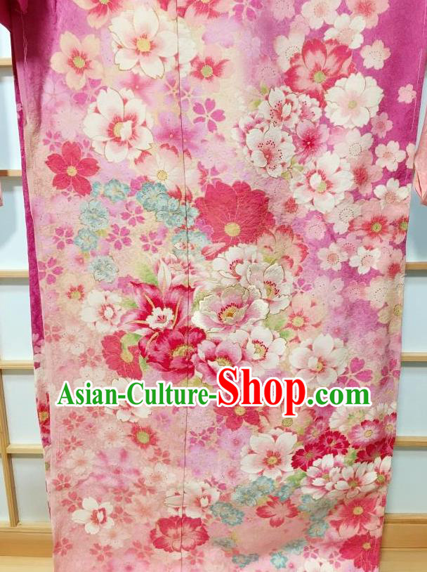 Traditional Japanese Classical Peony Pattern Rosy Furisode Kimono Japan Yukata Dress Costume for Women