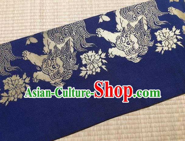 Japanese Traditional Embroidered Lion Blue Brocade Waistband Japan Kimono Yukata Belt for Women