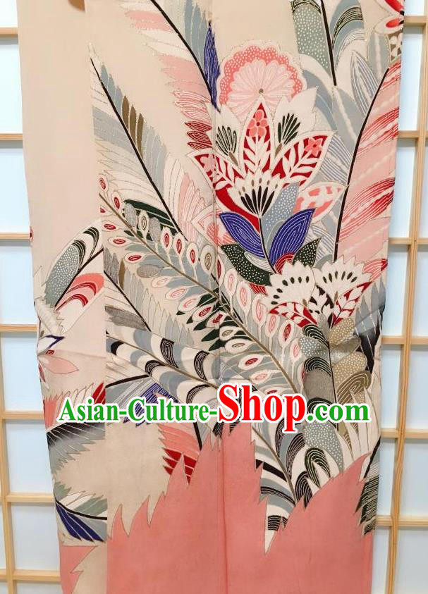 Japanese Traditional Printing Flowers Pattern Beige Tsukesage Kimono Japan Yukata Dress Costume for Women