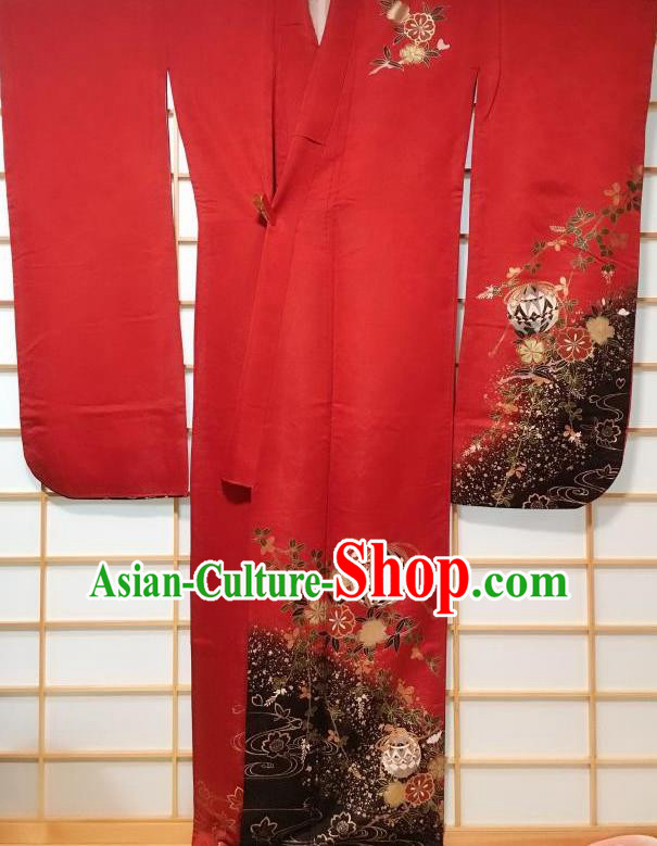 Japanese Traditional Sakura Pattern Red Silk Furisode Kimono Japan Yukata Dress Costume for Women