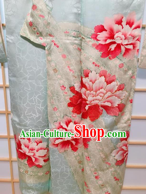 Traditional Japanese Geisha Peony Pattern Light Blue Furisode Kimono Japan Yukata Dress Costume for Women